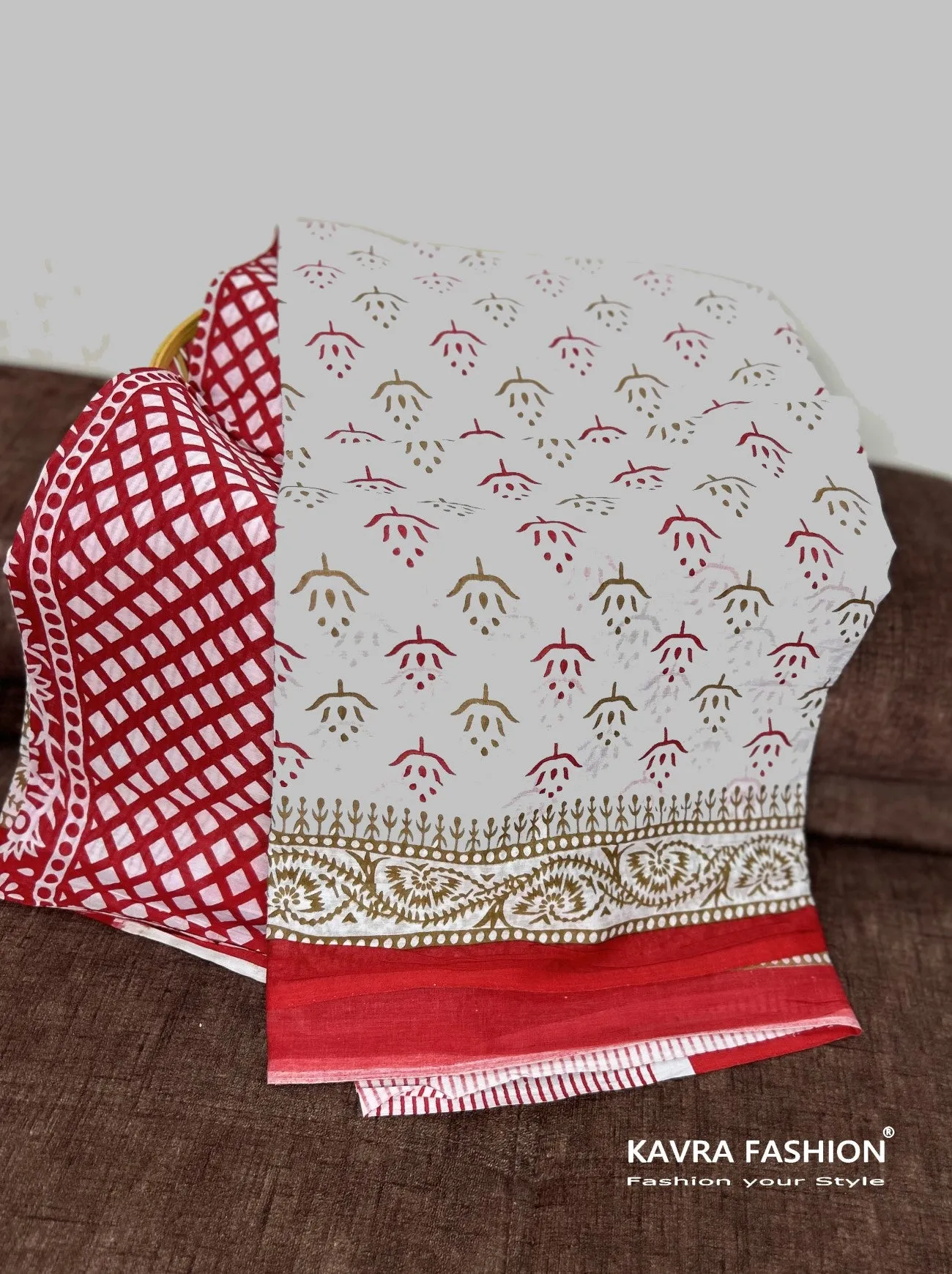 Cream Hand Block Printed Mulmul Saree Red Border