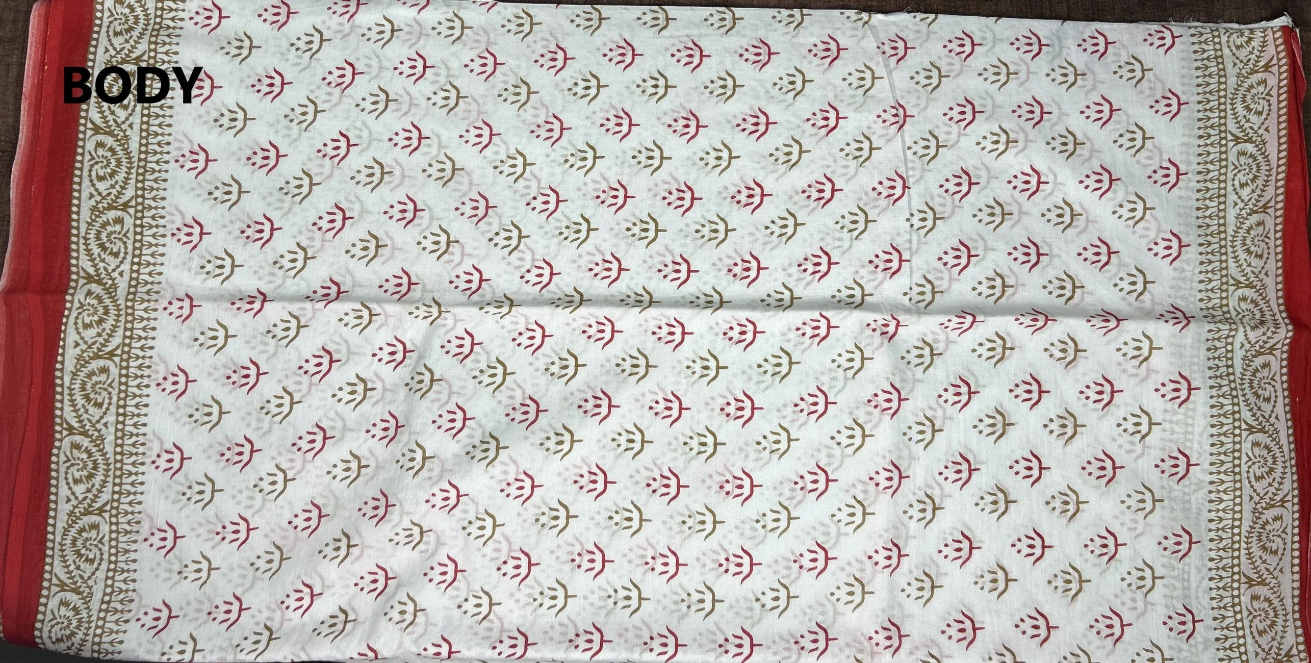 Cream Hand Block Printed Mulmul Saree Red Border