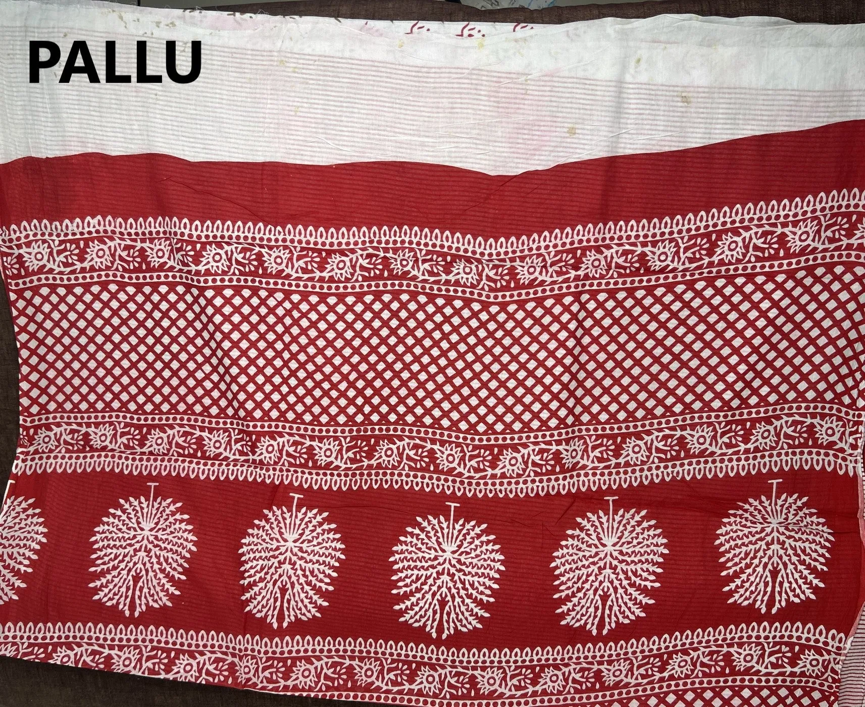 Cream Hand Block Printed Mulmul Saree Red Border