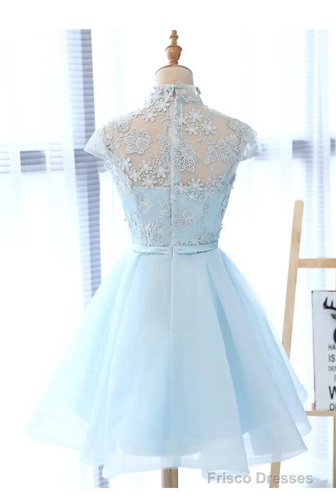 Cute Light Blue Tulle With Lace Party Dress , Beautiful Short Classical Formal Dress