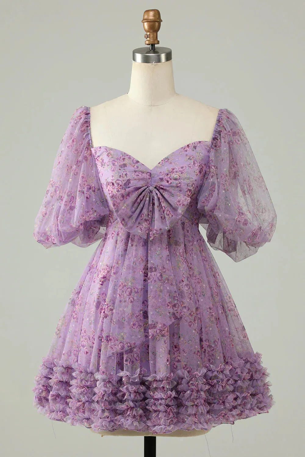 Elegant A Line Homecoming DressTulle Bow Print Short With Puff Sleeves Purple