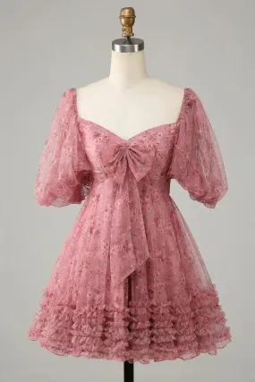 Elegant A Line Homecoming DressTulle Bow Print Short With Puff Sleeves Purple