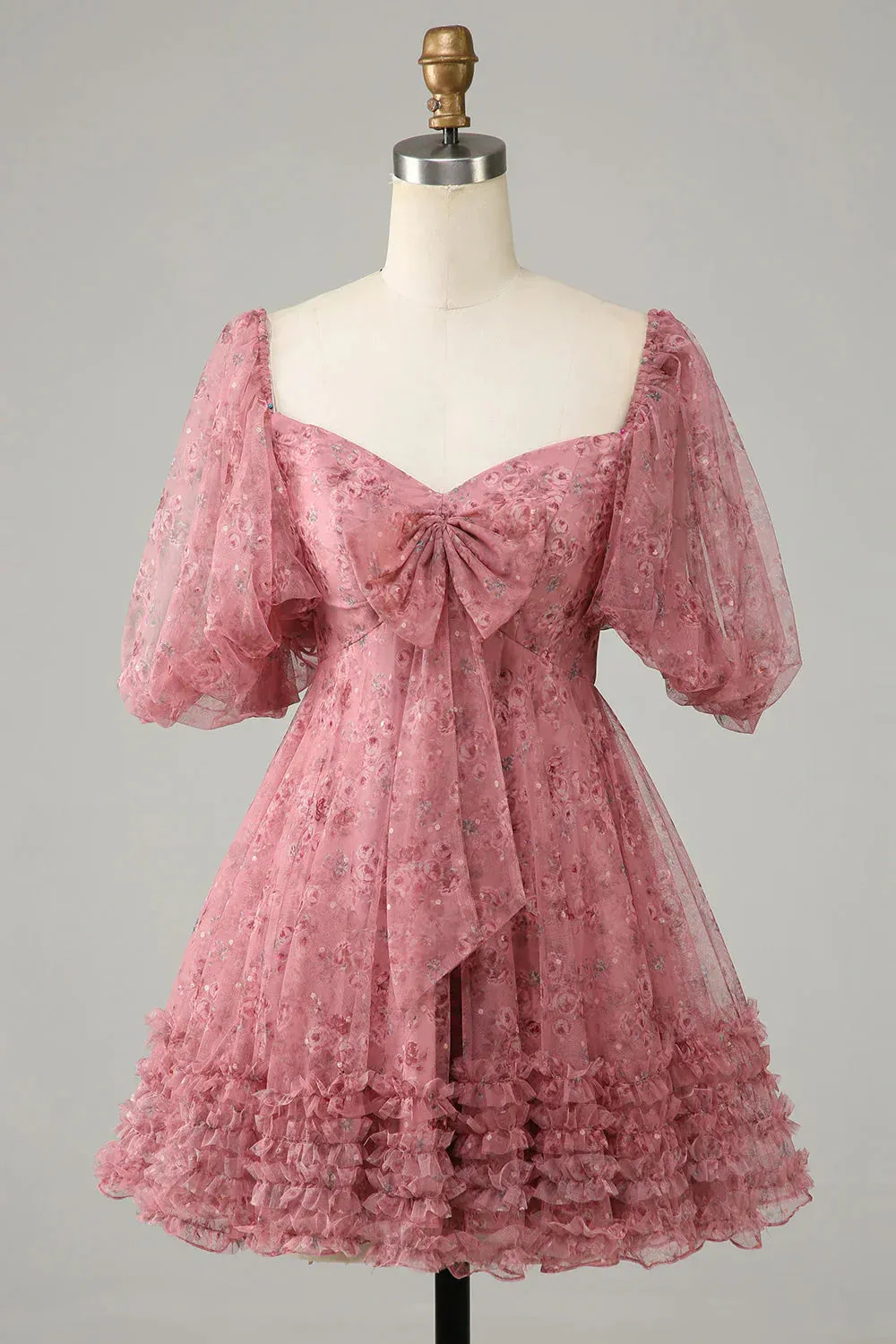 Elegant A Line Homecoming DressTulle Bow Print Short With Puff Sleeves Purple