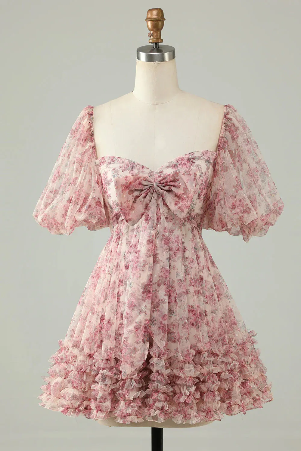 Elegant A Line Homecoming DressTulle Bow Print Short With Puff Sleeves Purple