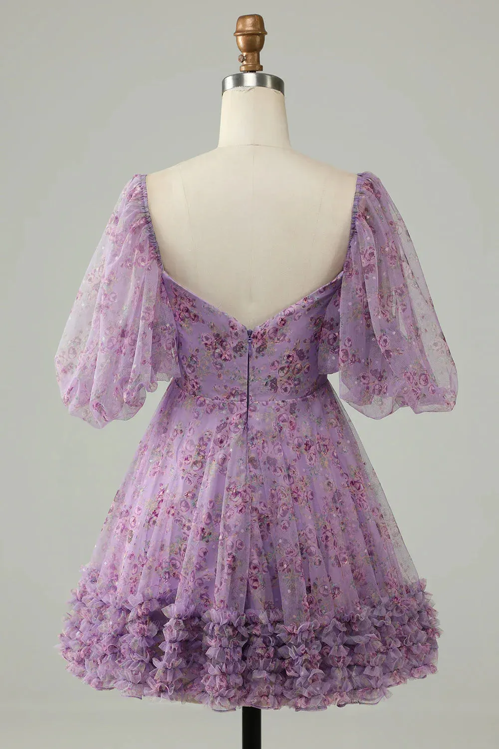 Elegant A Line Homecoming DressTulle Bow Print Short With Puff Sleeves Purple