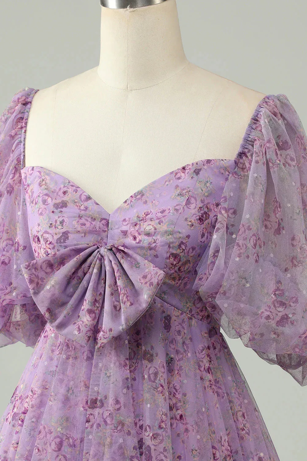 Elegant A Line Homecoming DressTulle Bow Print Short With Puff Sleeves Purple