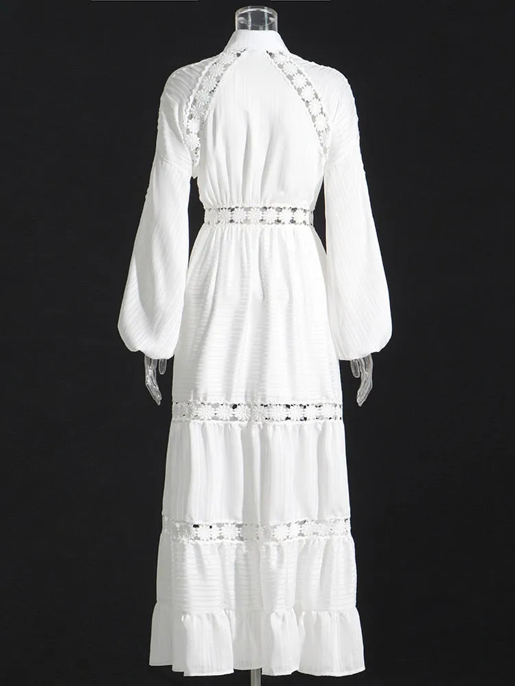 Embroidery Lantern Sleeve Openwork Maxi Dress