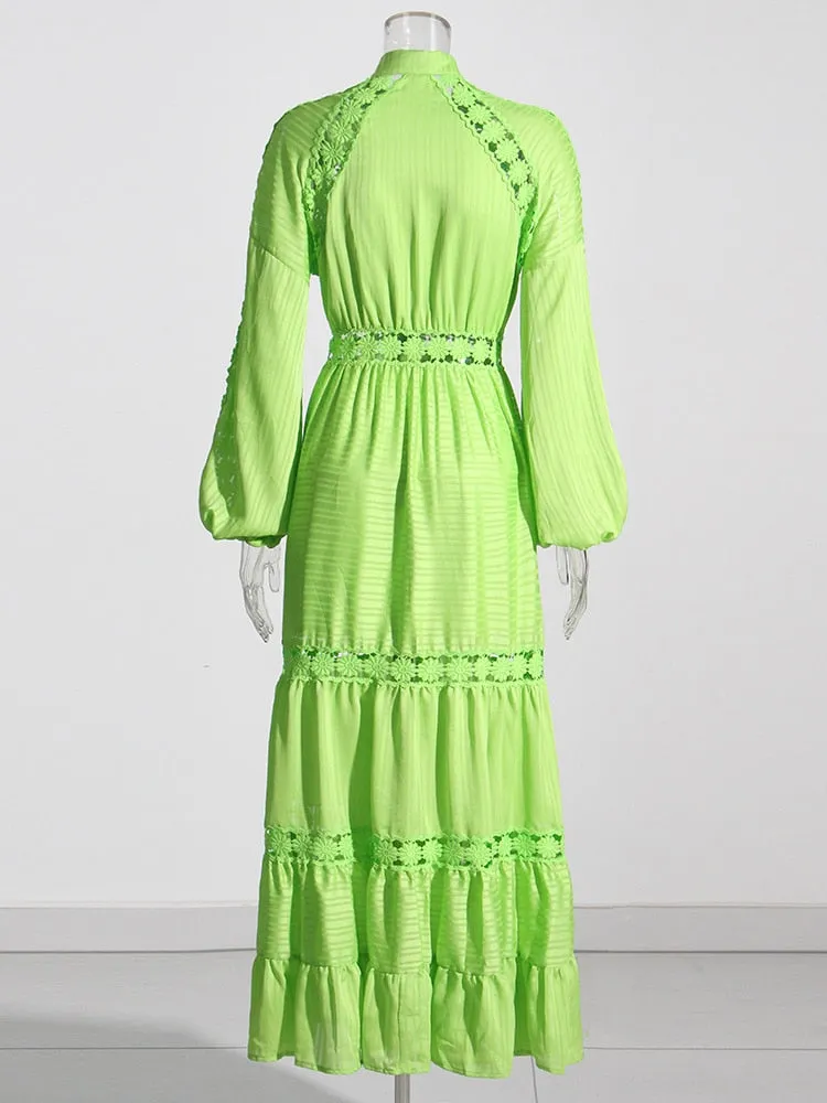 Embroidery Lantern Sleeve Openwork Maxi Dress