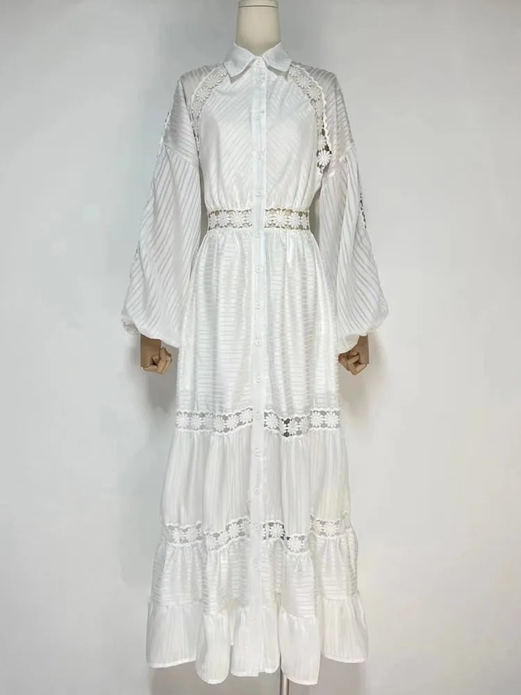 Embroidery Lantern Sleeve Openwork Maxi Dress