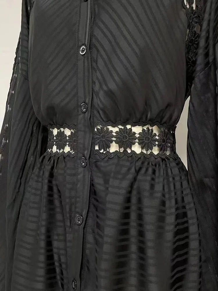 Embroidery Lantern Sleeve Openwork Maxi Dress