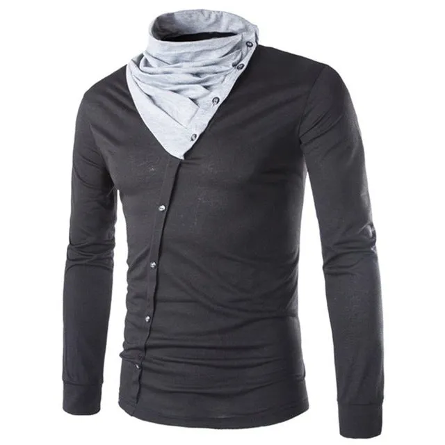 England Style Men's T Shirt Autumn Long Sleeve Tee Slim Fit Folded Collar Tee Shirt Casual Tshirts Fashion Men Tops Male Hombre