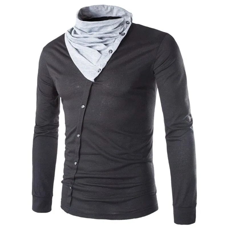 England Style Men's T Shirt Autumn Long Sleeve Tee Slim Fit Folded Collar Tee Shirt Casual Tshirts Fashion Men Tops Male Hombre