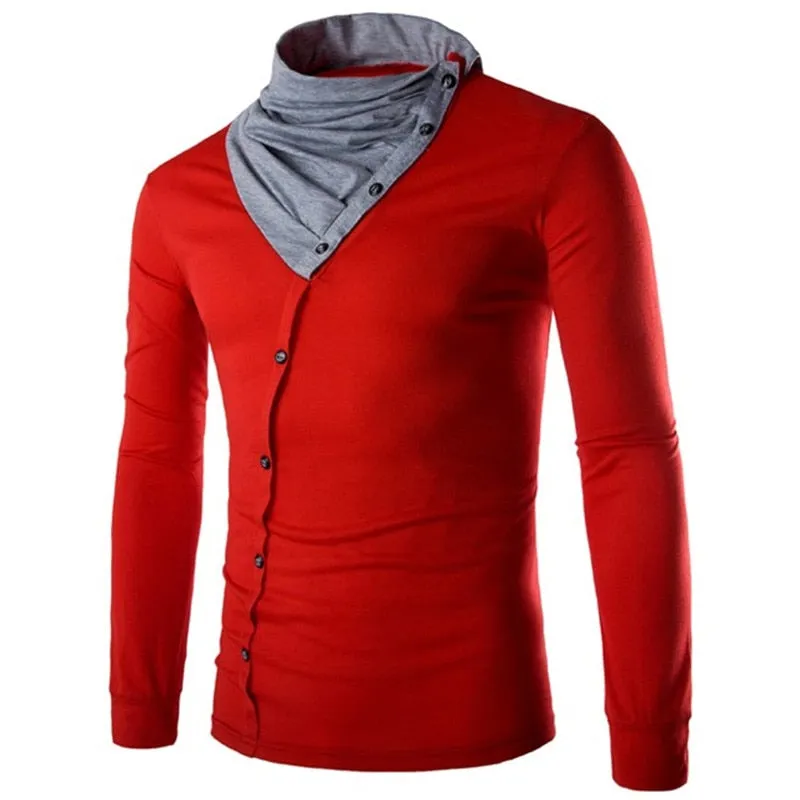 England Style Men's T Shirt Autumn Long Sleeve Tee Slim Fit Folded Collar Tee Shirt Casual Tshirts Fashion Men Tops Male Hombre