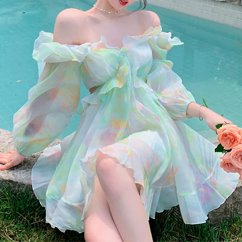 Fairycore Aesthetic Dress Light Ruffled Off Shoulder