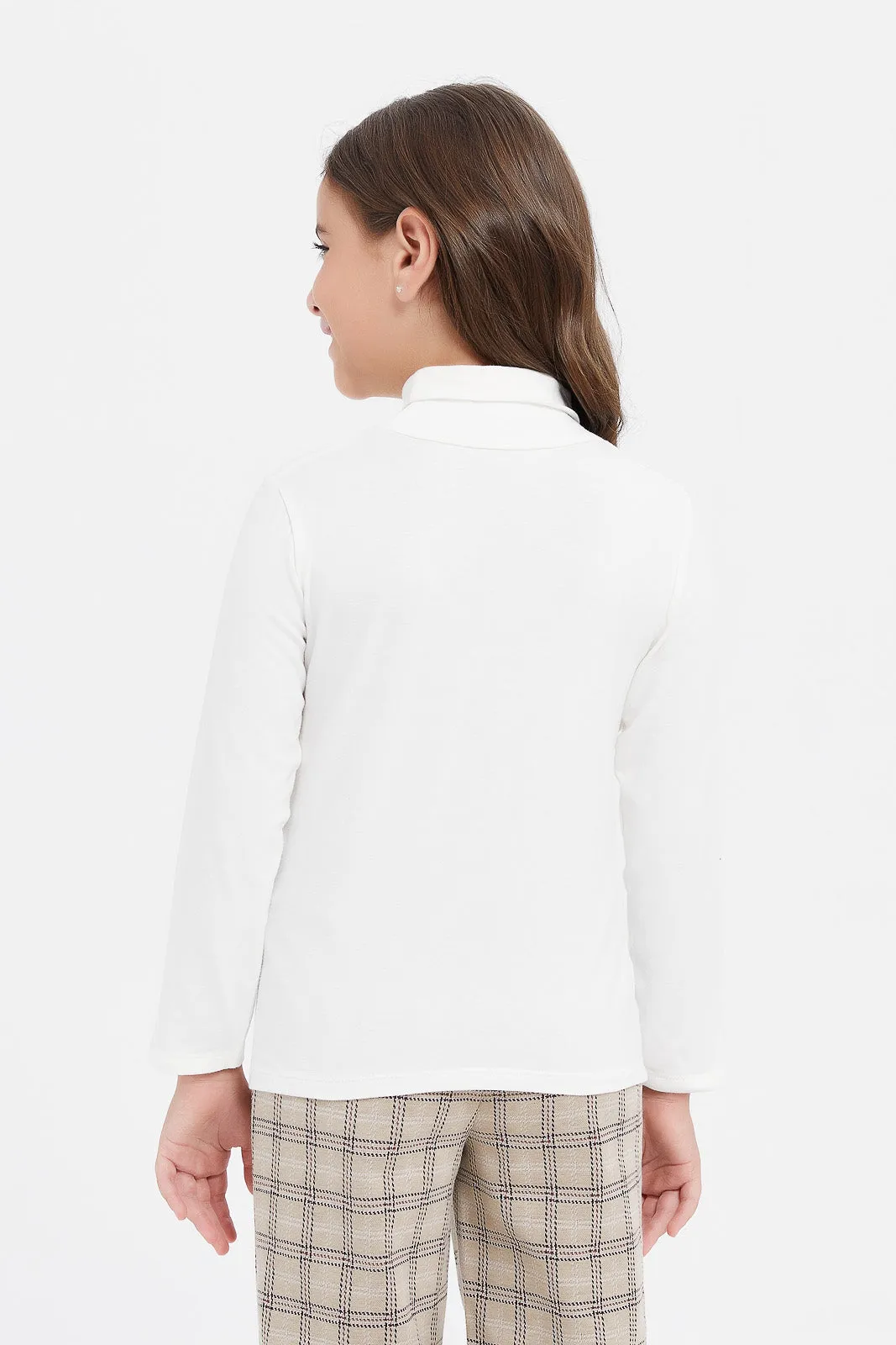 Girls White High Neck Embellished T-Shirt