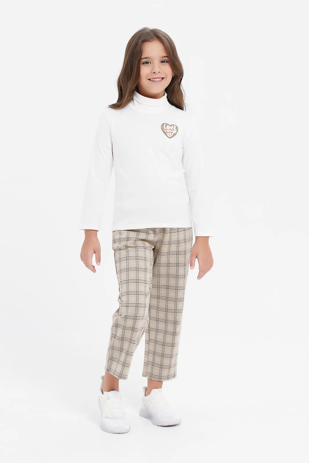 Girls White High Neck Embellished T-Shirt
