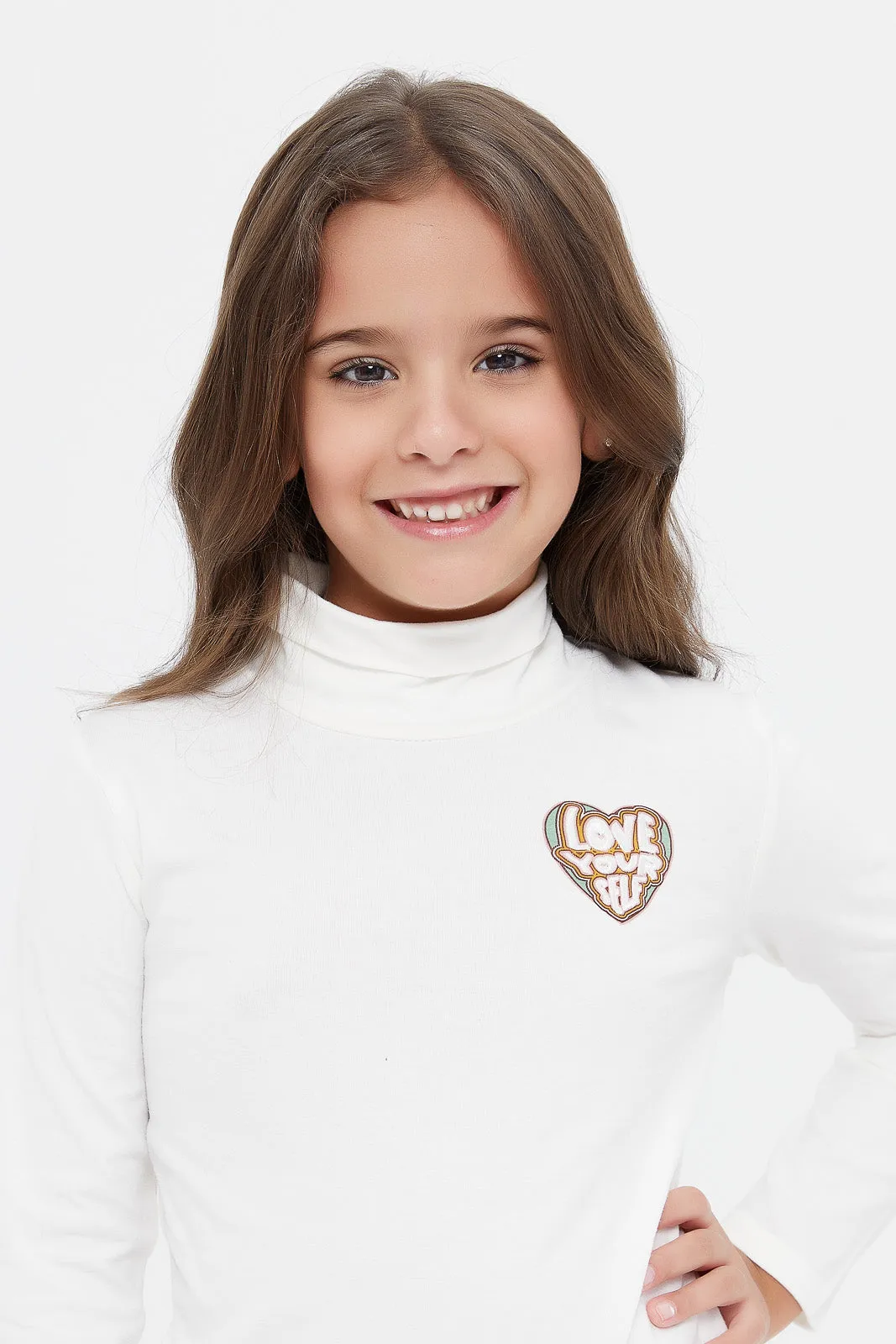 Girls White High Neck Embellished T-Shirt