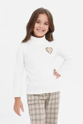 Girls White High Neck Embellished T-Shirt