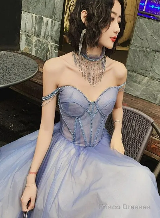 Glam Light Purple Tulle Beaded Sweetheart Long Party Dress, A-Line Tulle Formal Dresses