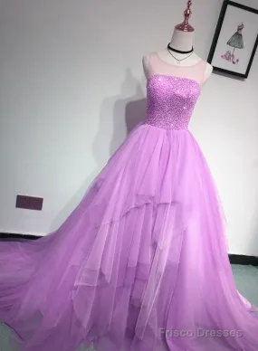 Glam Light Purple Tulle High Low Beaded Layers Party Dress, Formal Dress