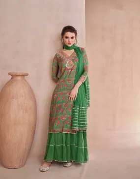 Green Muslin Anarkali Suit with Hand Embellishments