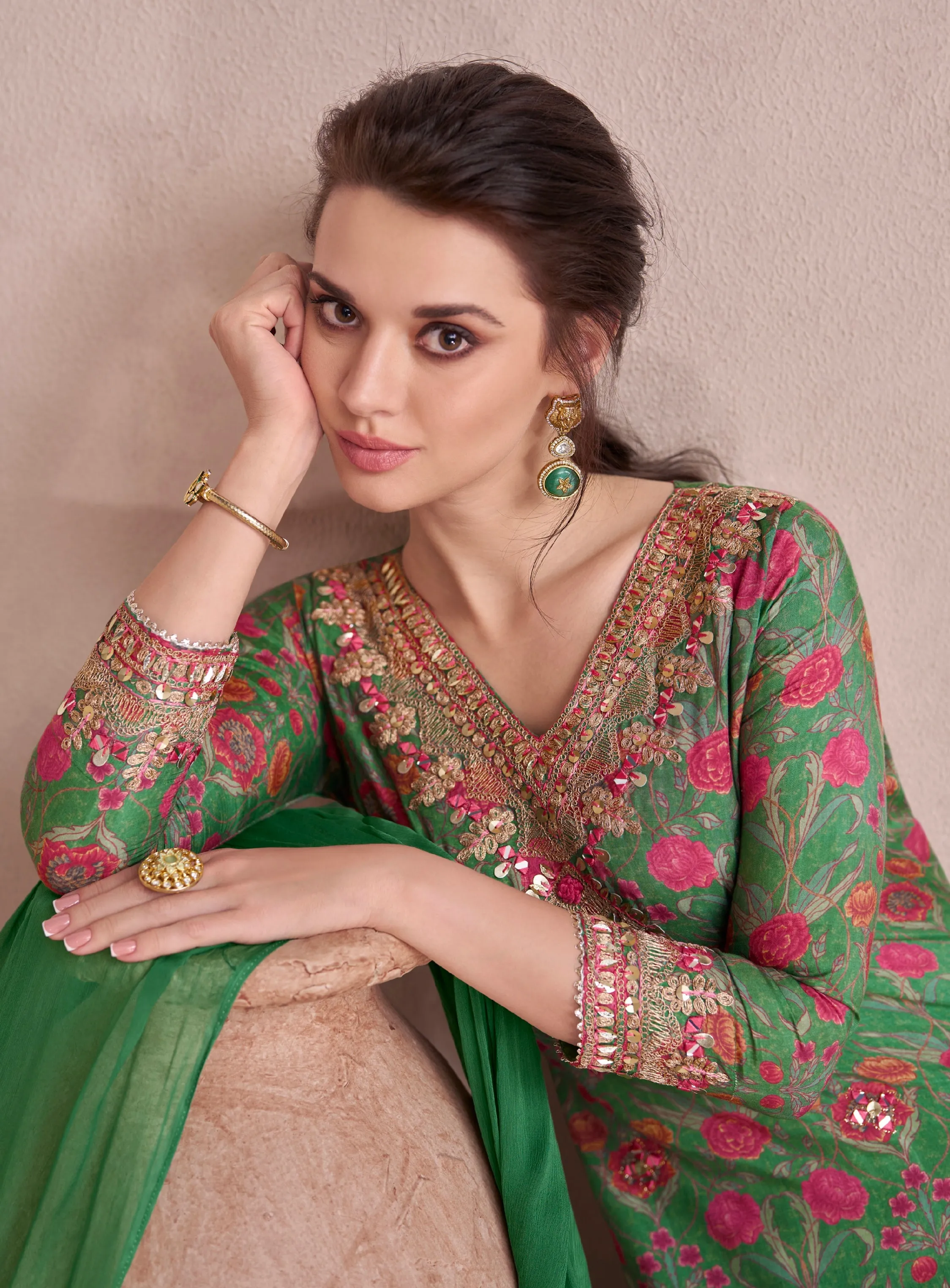 Green Muslin Anarkali Suit with Hand Embellishments