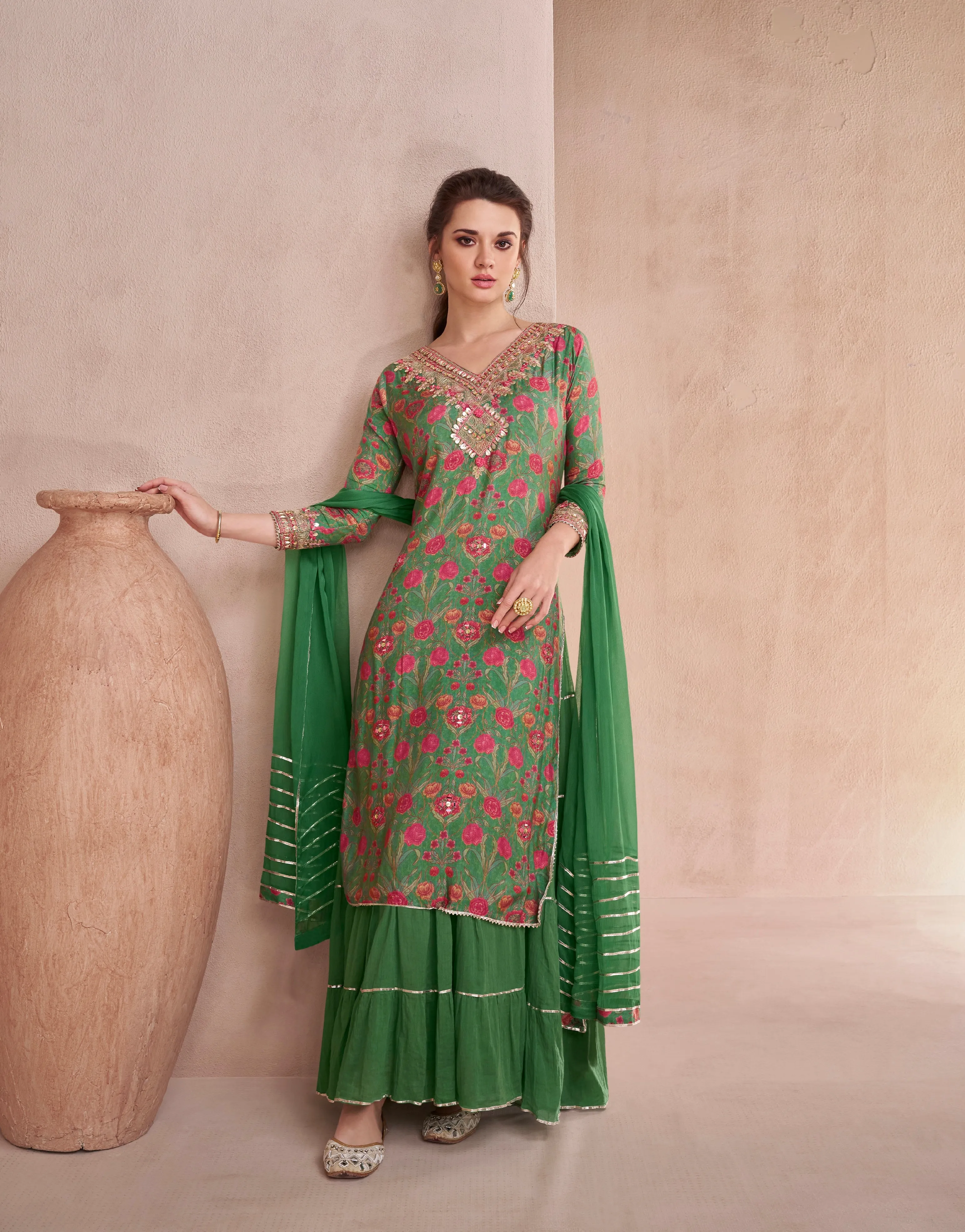 Green Muslin Anarkali Suit with Hand Embellishments