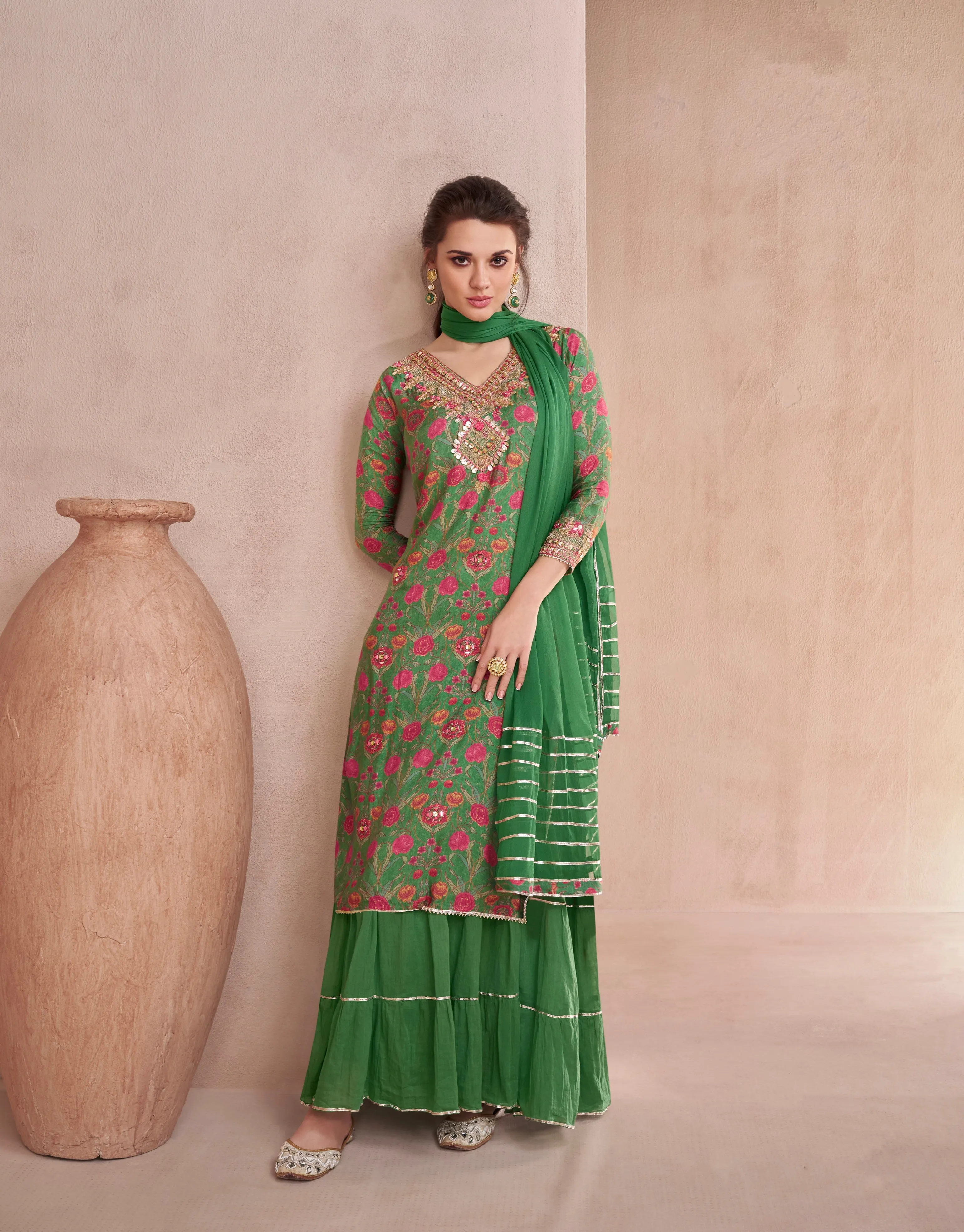 Green Muslin Anarkali Suit with Hand Embellishments