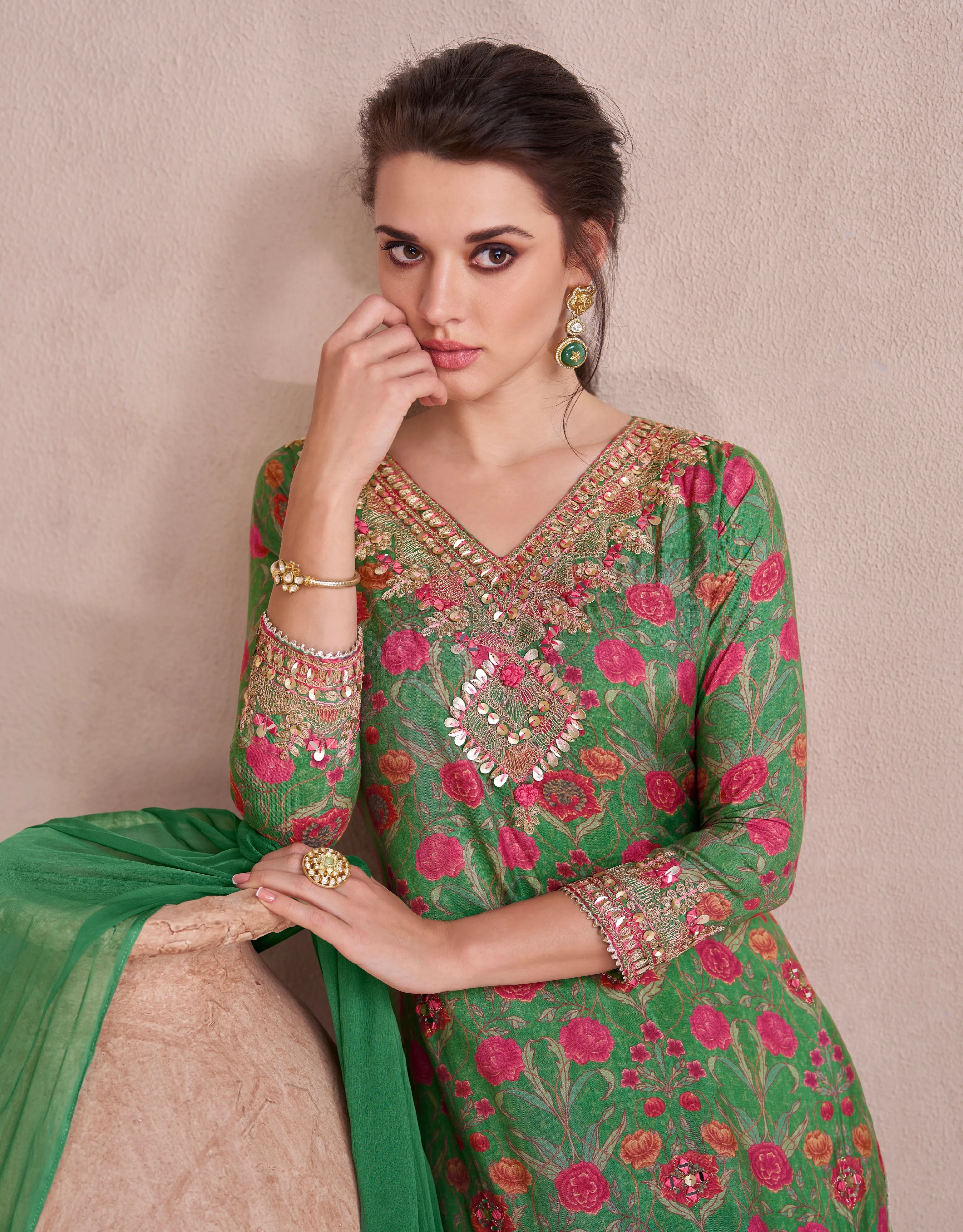 Green Muslin Anarkali Suit with Hand Embellishments