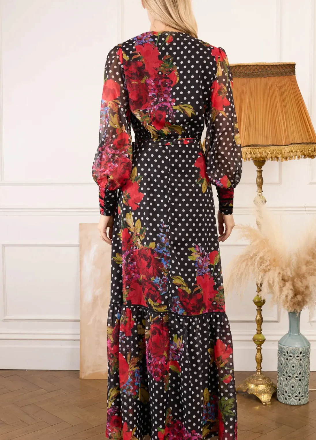 Hope & Ivy Moni Velvet Trim Maxi Wrap Dress with Blouson Sleeve