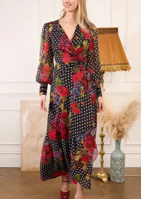 Hope & Ivy Moni Velvet Trim Maxi Wrap Dress with Blouson Sleeve