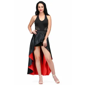 long reversible and overlaped skirt in red and black fabric combined with the black fitted dress