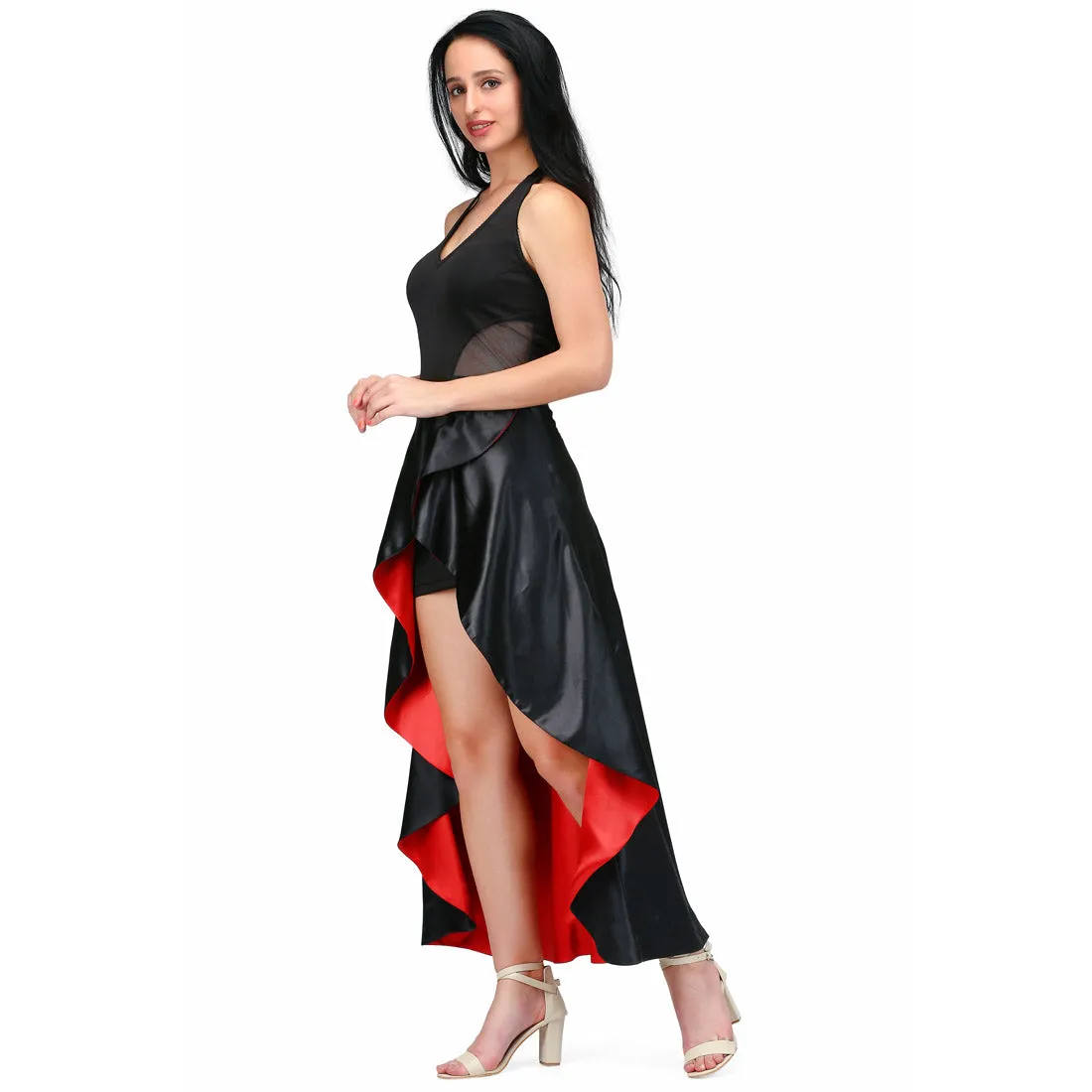 long reversible and overlaped skirt in red and black fabric combined with the black fitted dress