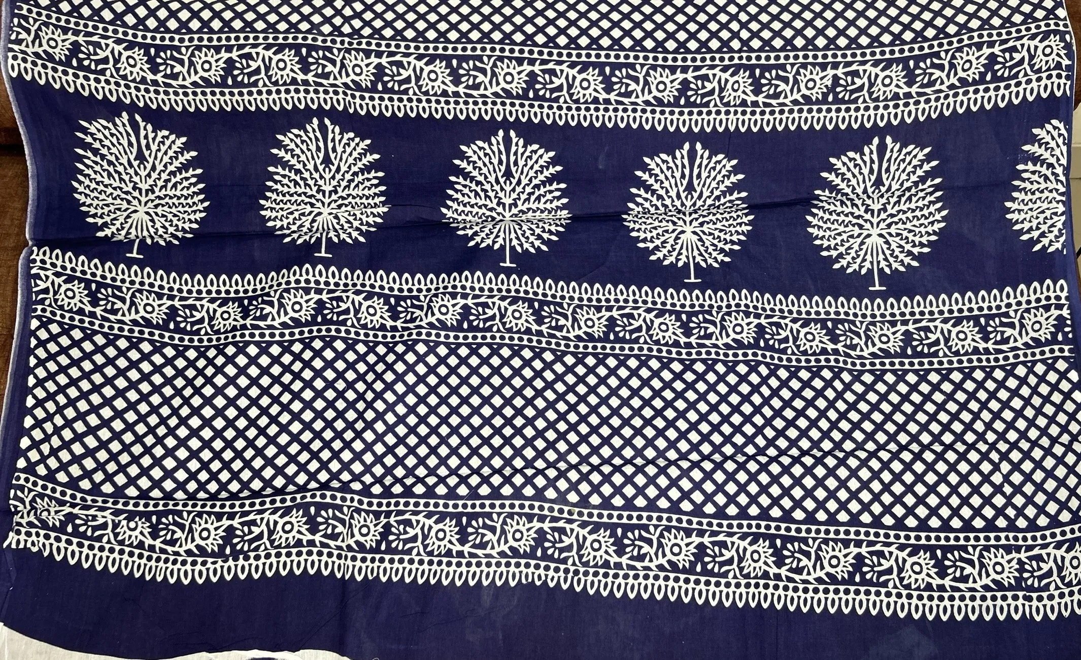 Maroon Red Hand Block Printed Mulmul Saree Blue Border