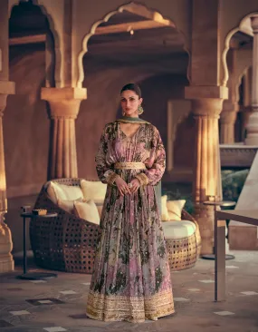 Purple Floral Embroidered Georgette Anarkali Suit with Net Dupatta