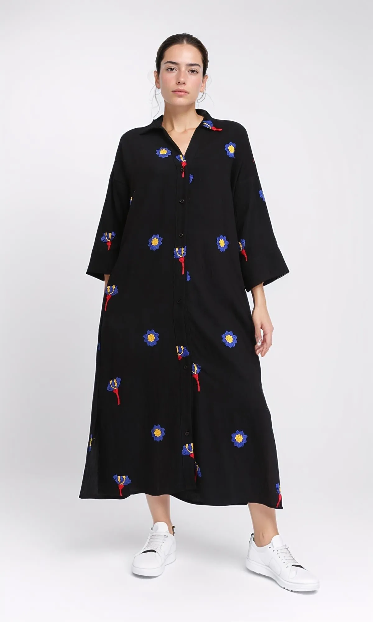 R206092 - Floral Shirt Dress with Side Pockets - Black
