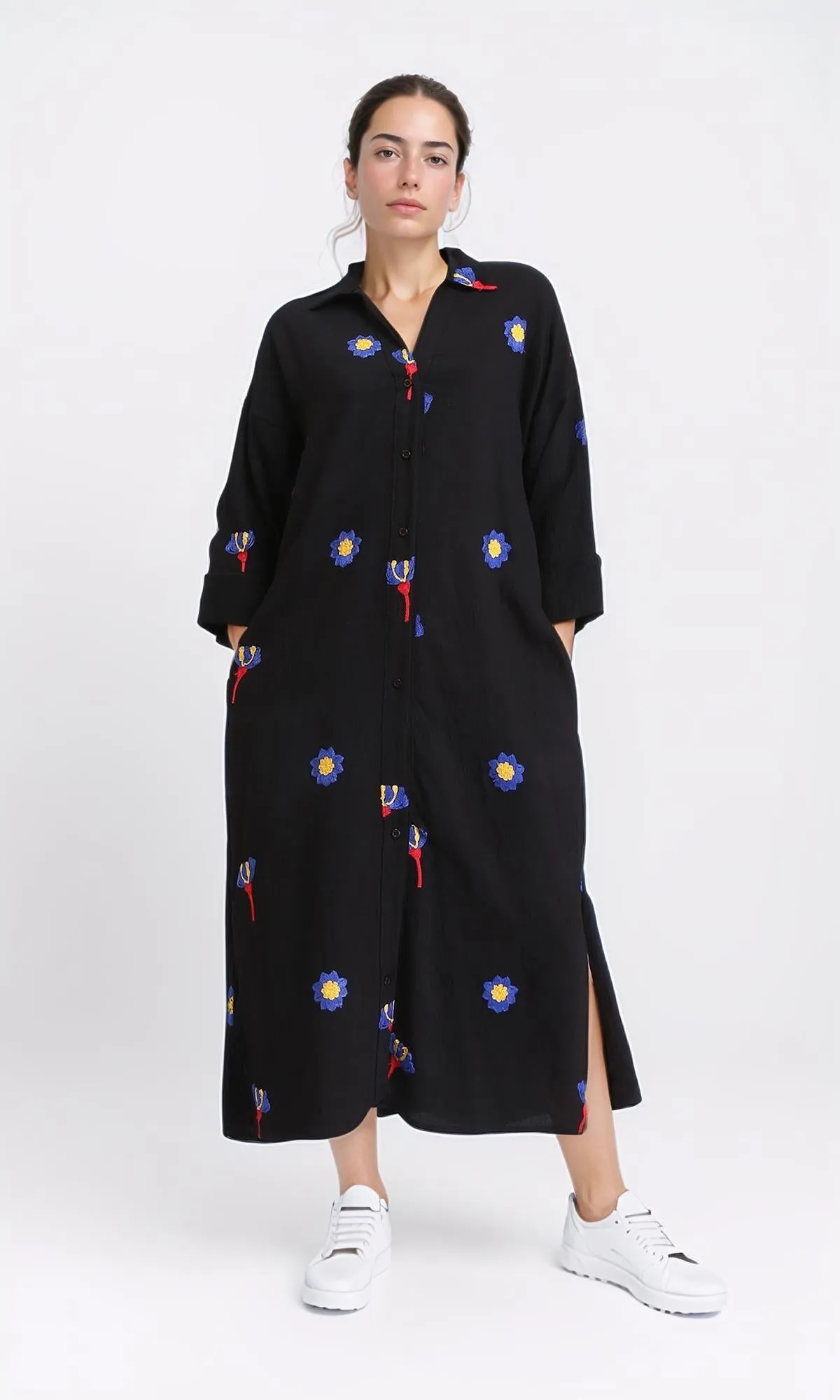 R206092 - Floral Shirt Dress with Side Pockets - Black