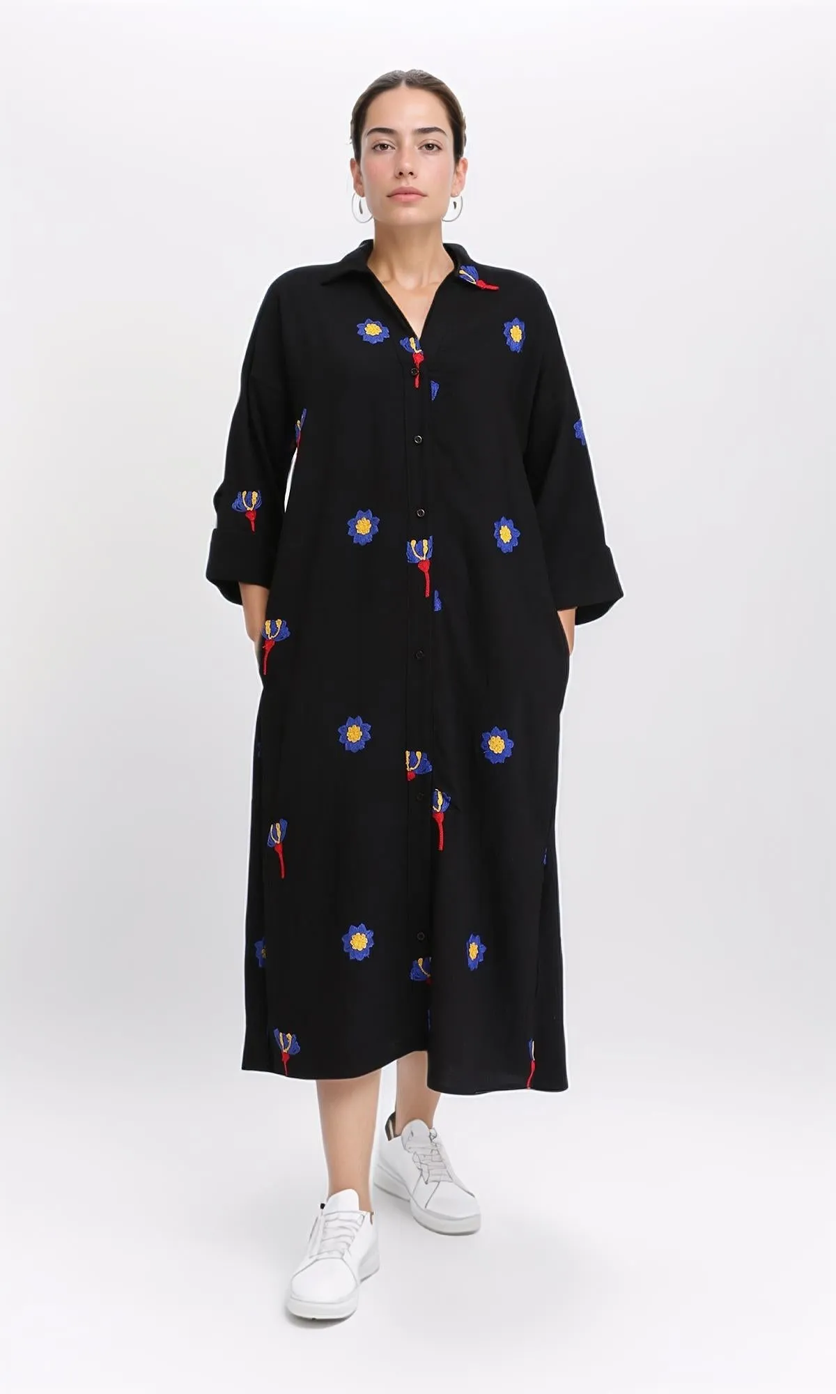 R206092 - Floral Shirt Dress with Side Pockets - Black