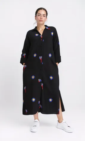 R206092 - Floral Shirt Dress with Side Pockets - Black