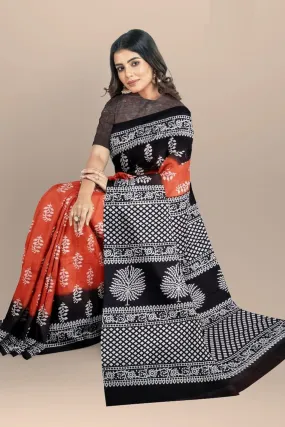 Red Hand Block Printed Mulmul Saree Black Border