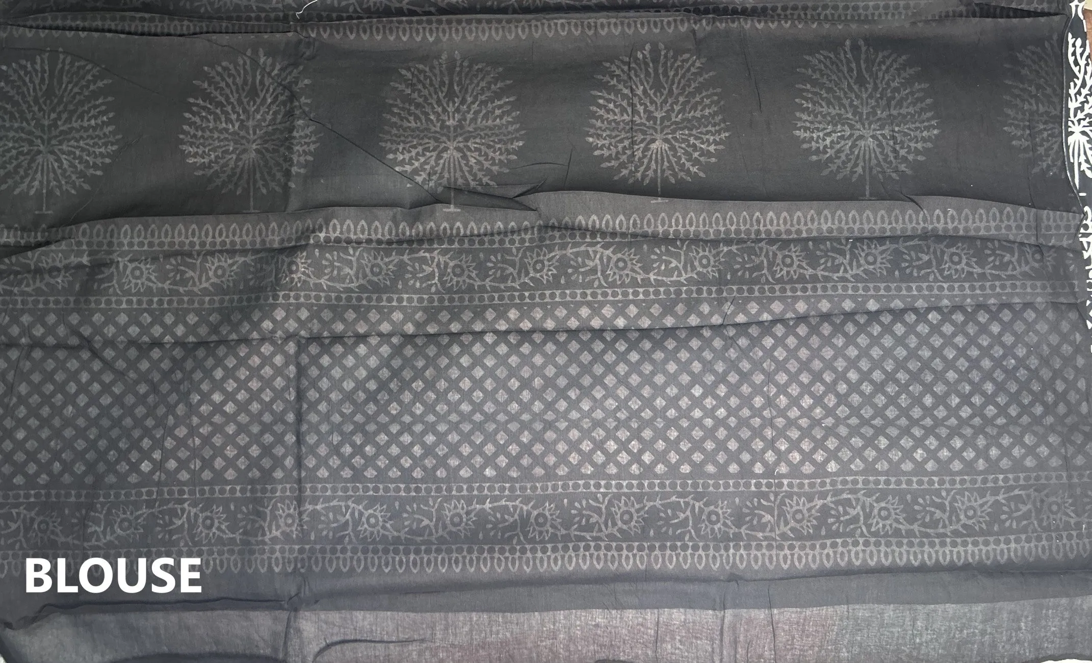 Red Hand Block Printed Mulmul Saree Black Border