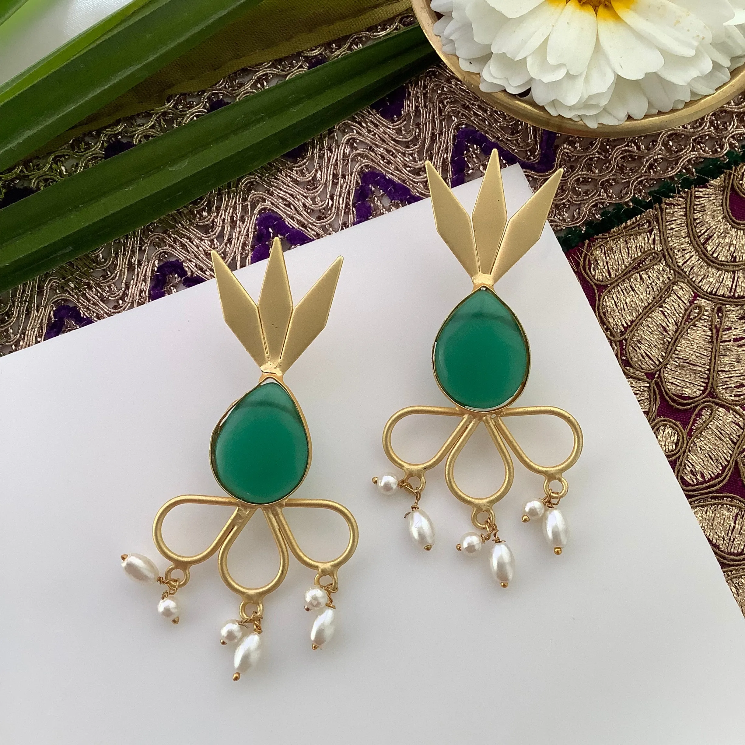 Salvanity Brass Gold 18 CT plated Earrings - Pineapple Green