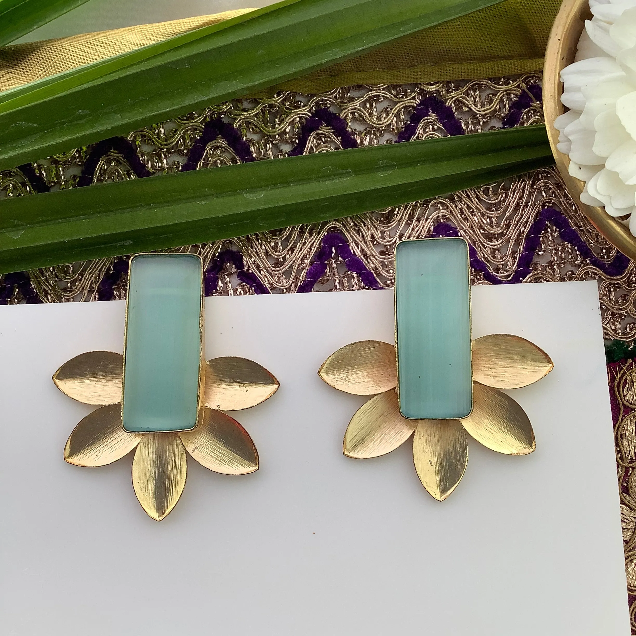 Salvanity Brass Gold 18 CT plated Earrings - वृक्ष (The Tree) Aqua Blue