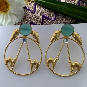 Salvanity Brass Gold -  Gold Camels 18 CT Matt Gold Plated Earrings - Aqua Blue