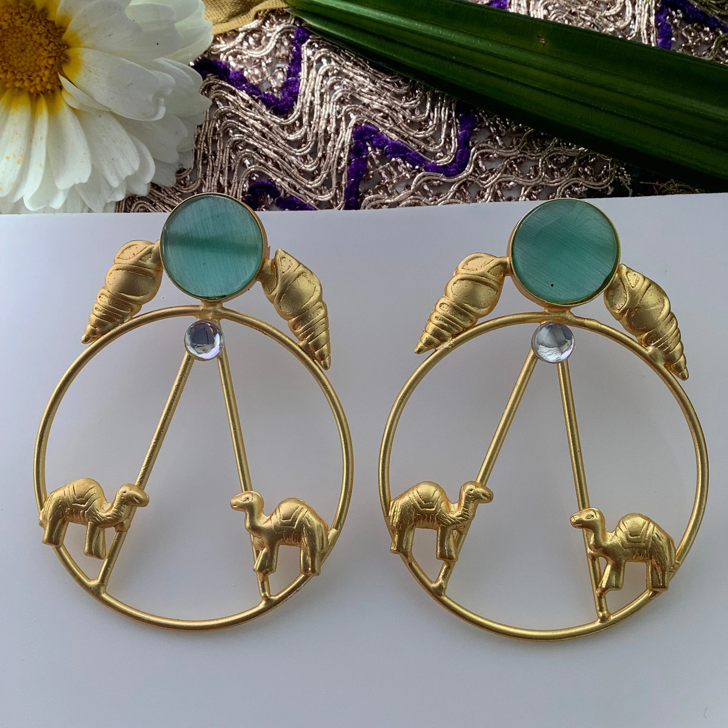 Salvanity Brass Gold -  Gold Camels 18 CT Matt Gold Plated Earrings - Aqua Blue