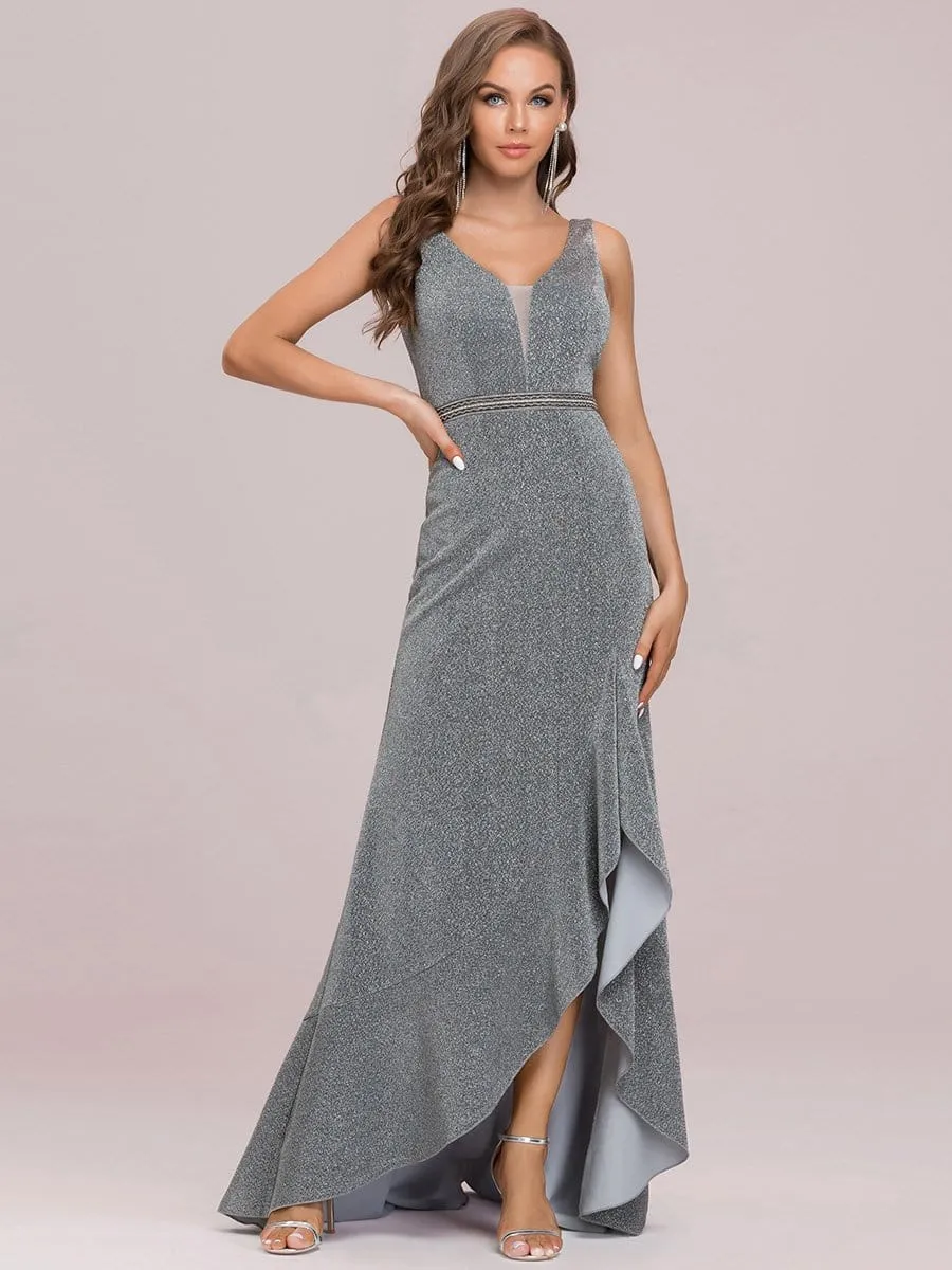 Sheer Panel Sleeveless Asymmetrical Hem Floor-Length Evening Dress
