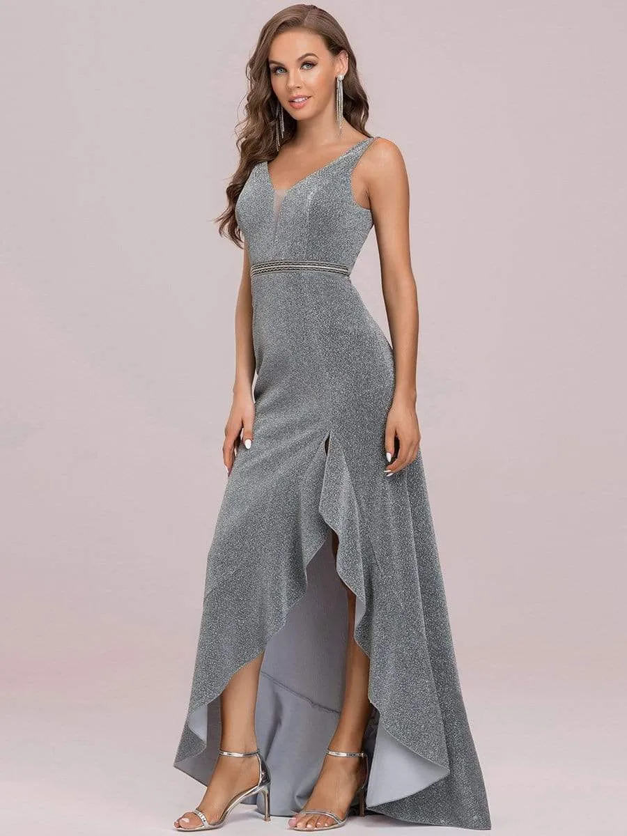 Sheer Panel Sleeveless Asymmetrical Hem Floor-Length Evening Dress