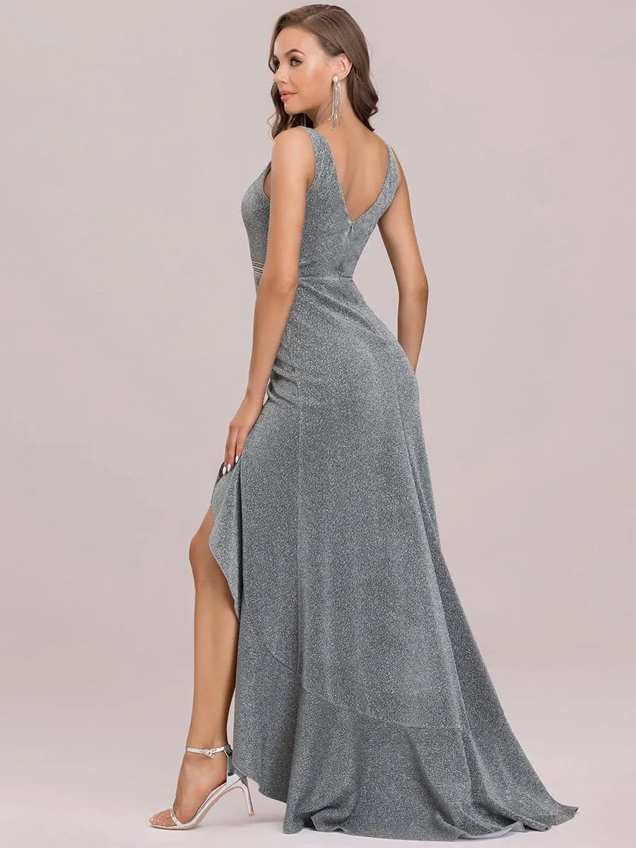 Sheer Panel Sleeveless Asymmetrical Hem Floor-Length Evening Dress