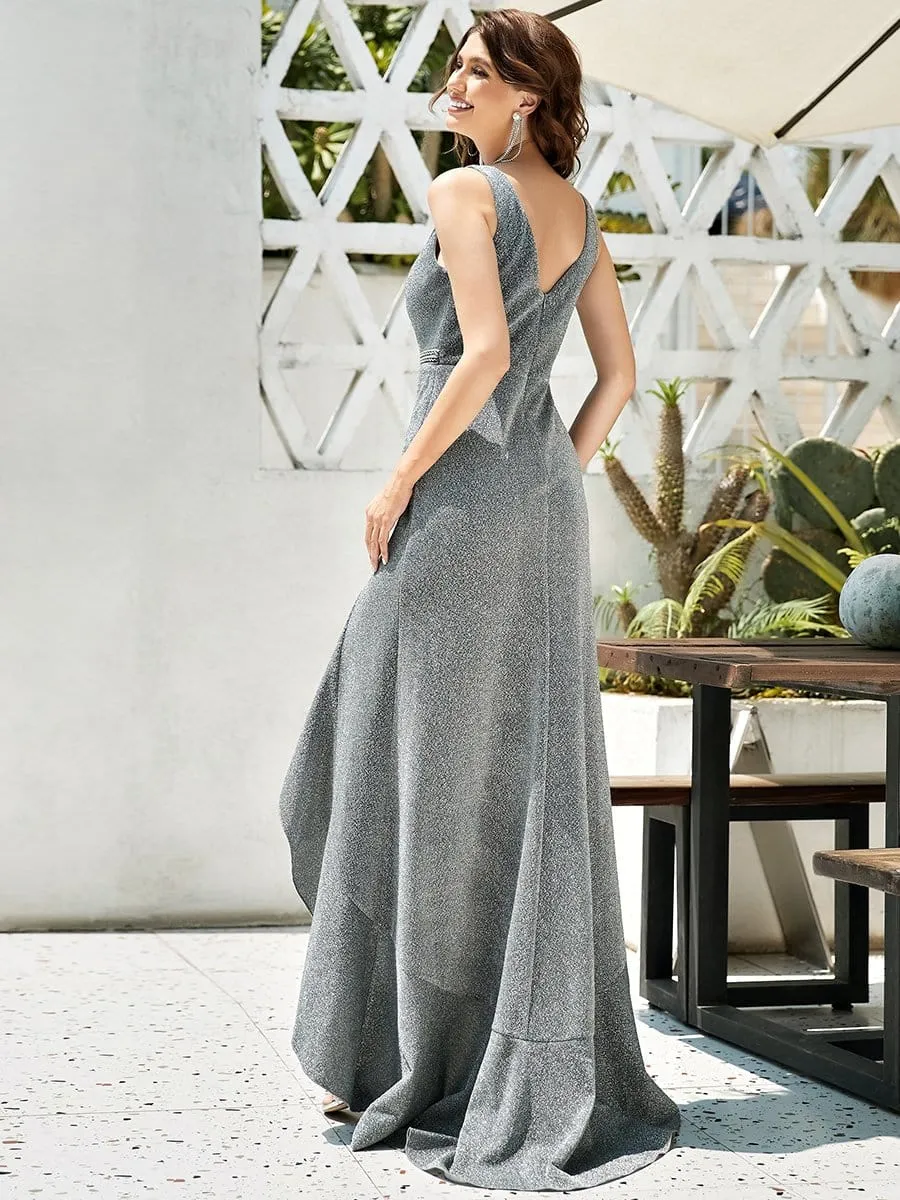Sheer Panel Sleeveless Asymmetrical Hem Floor-Length Evening Dress