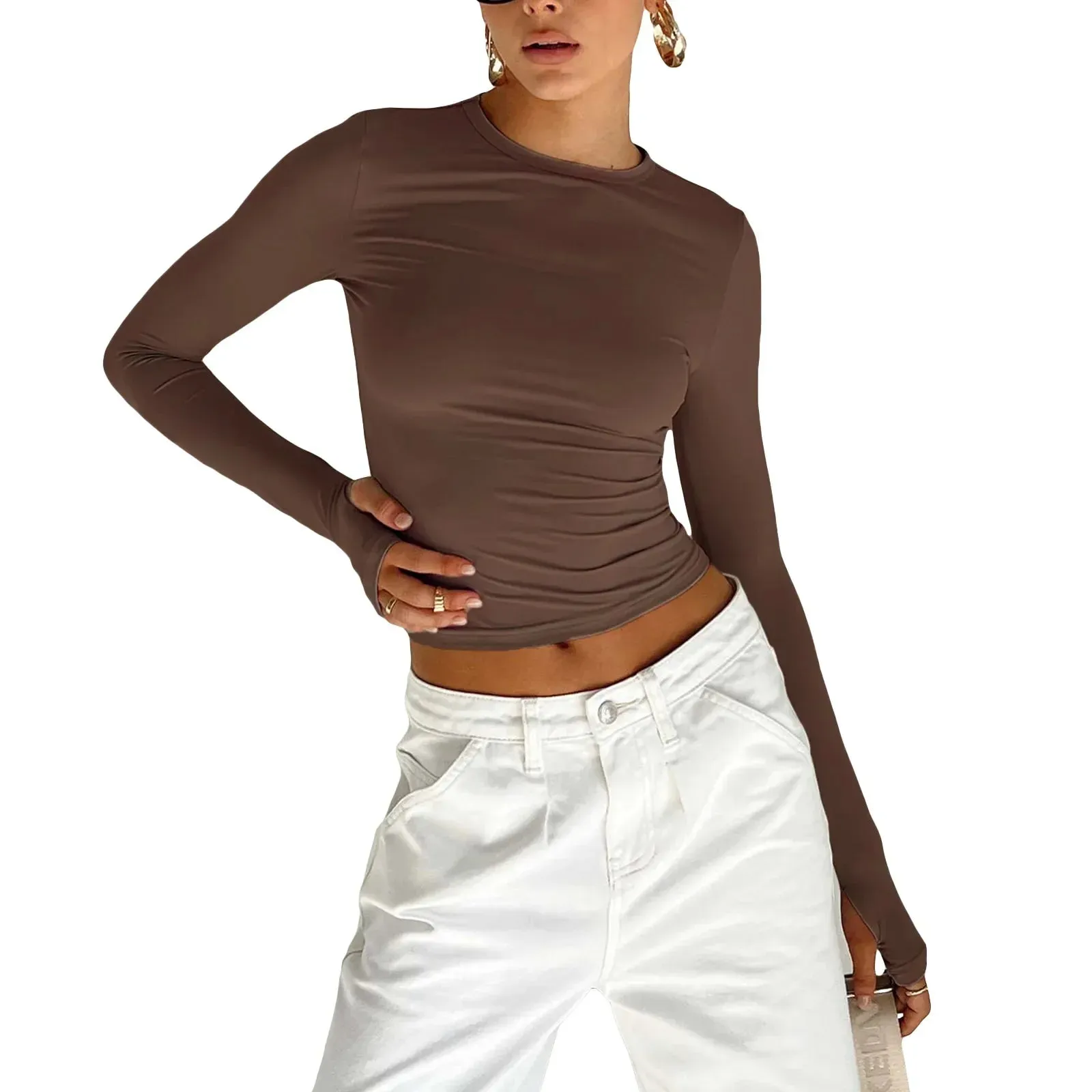 Solid Color Crewneck Slimming Long Sleeve Y2k Women's T-shirt
